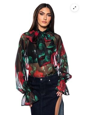 Sheer Floral Tie-Neck Blouse Akira
